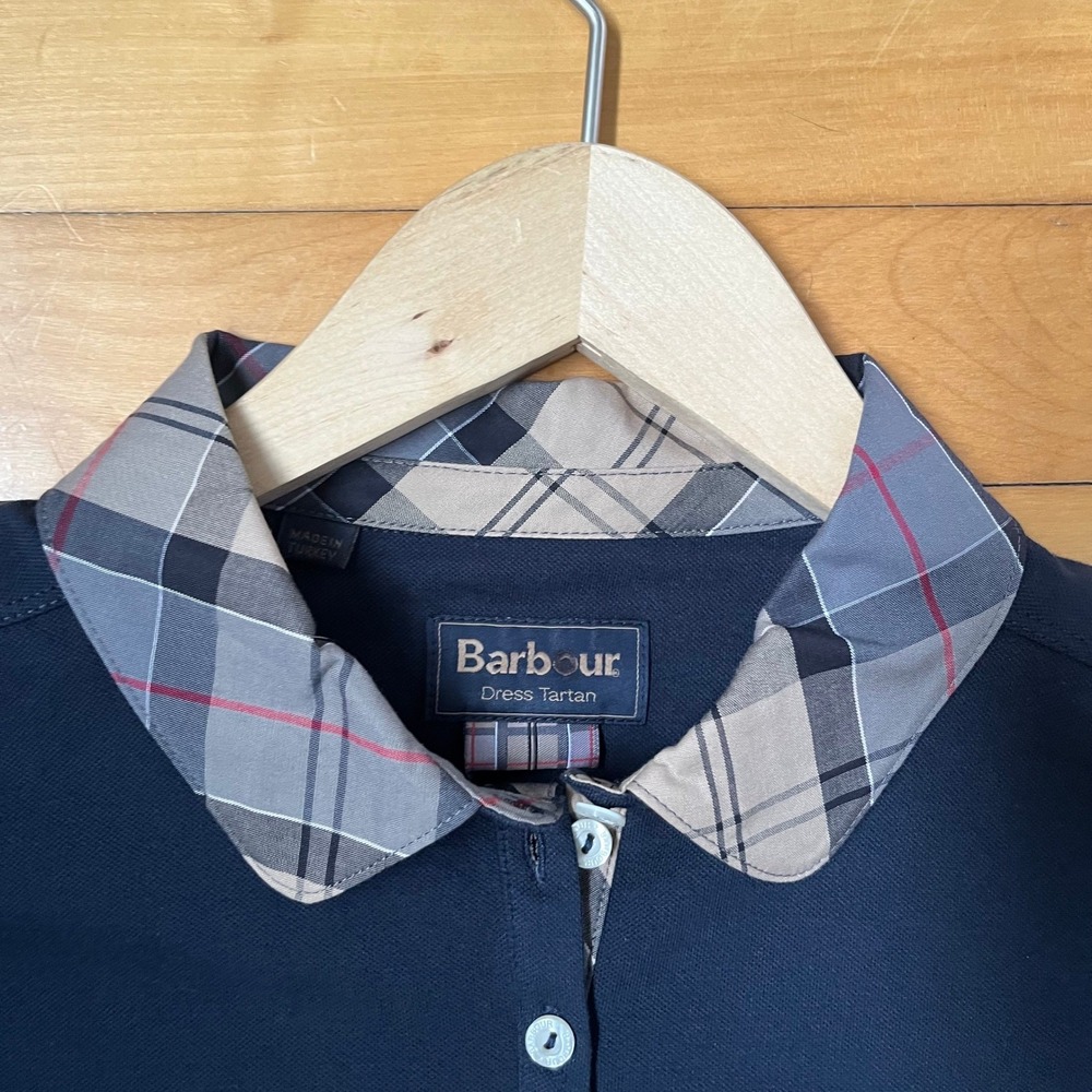 Barbour Womens Navy Blue Dress Tartan Trim Pique Polo Shirt Short Sleeve - Picture 5 of 7